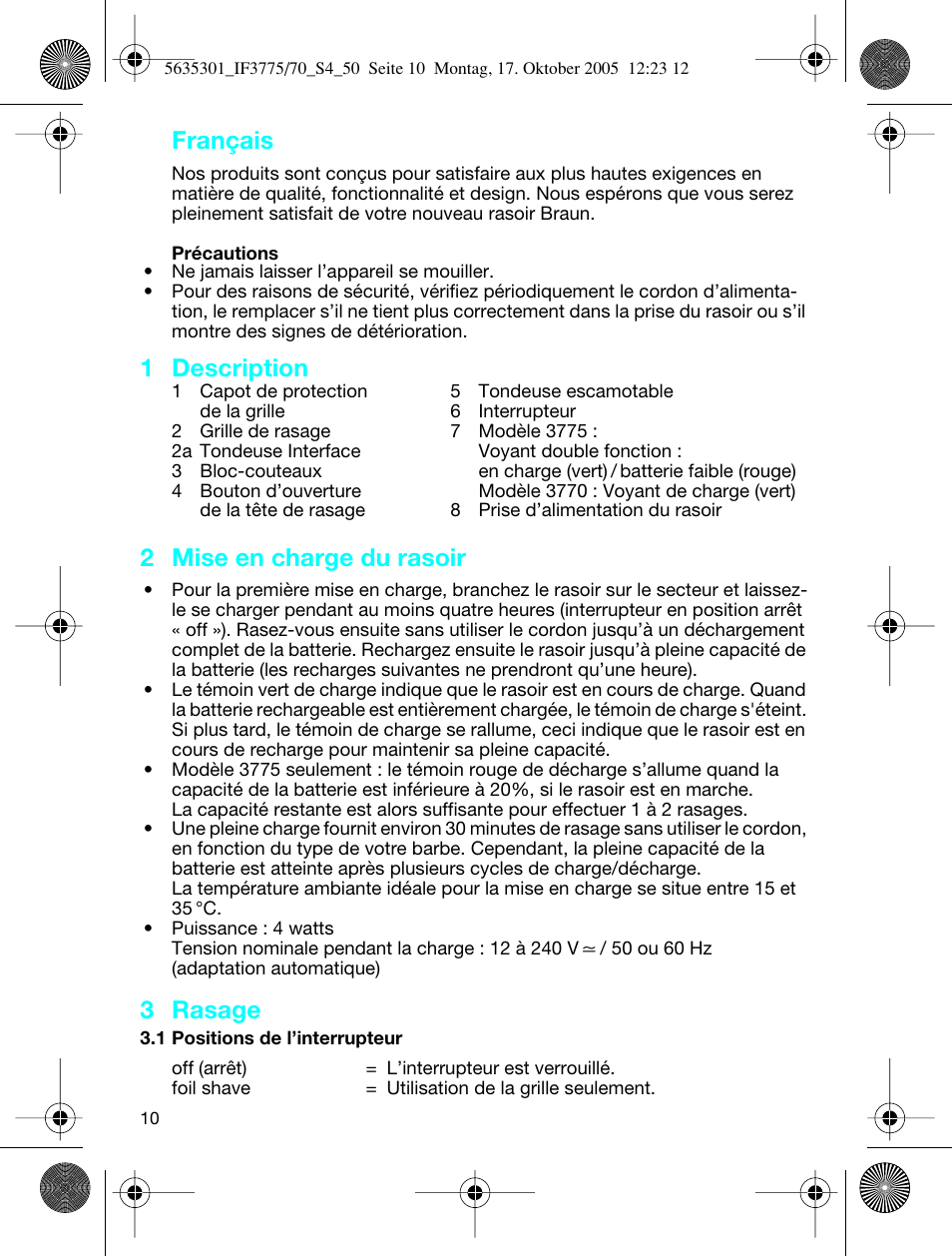 Français, 1 description, 2 mise en charge du rasoir | 3 rasage | Braun 3770 InterFace Excel User Manual | Page 10 / 47
