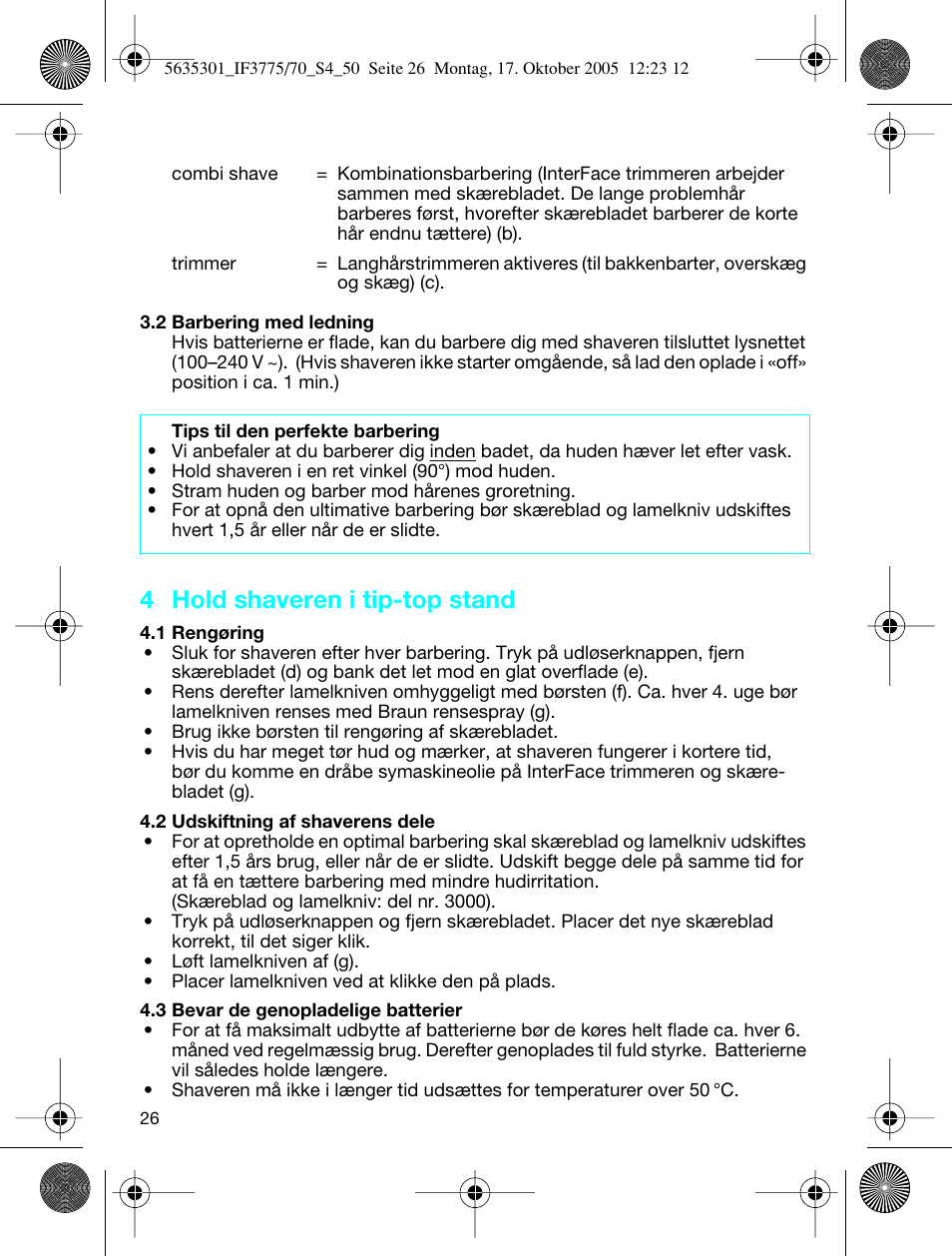 4 hold shaveren i tip-top stand | Braun 3770 InterFace Excel User Manual | Page 26 / 47