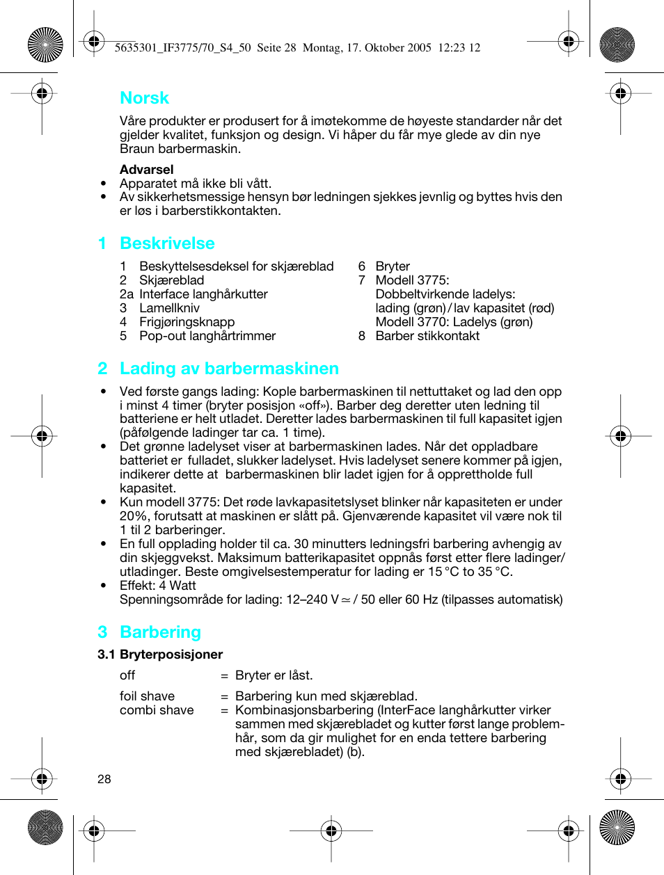 Norsk, 1 beskrivelse, 2 lading av barbermaskinen | 3 barbering | Braun 3770 InterFace Excel User Manual | Page 28 / 47