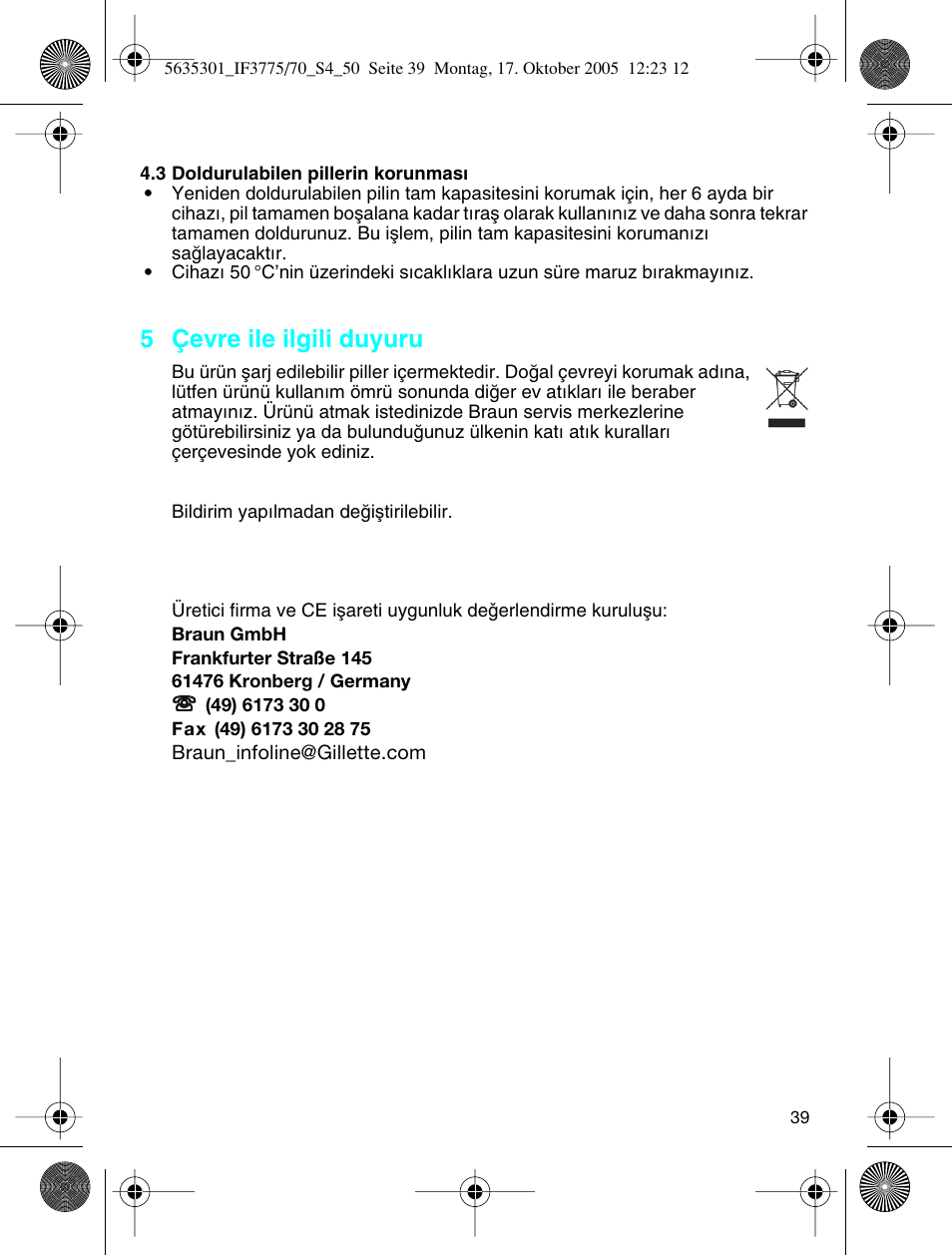5 çevre ile ilgili duyuru | Braun 3770 InterFace Excel User Manual | Page 39 / 47