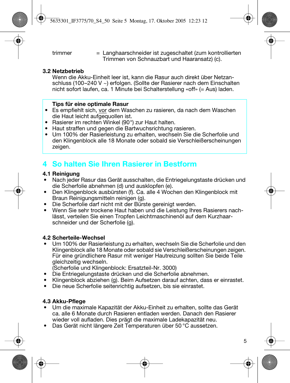 4 so halten sie ihren rasierer in bestform | Braun 3770 InterFace Excel User Manual | Page 5 / 47