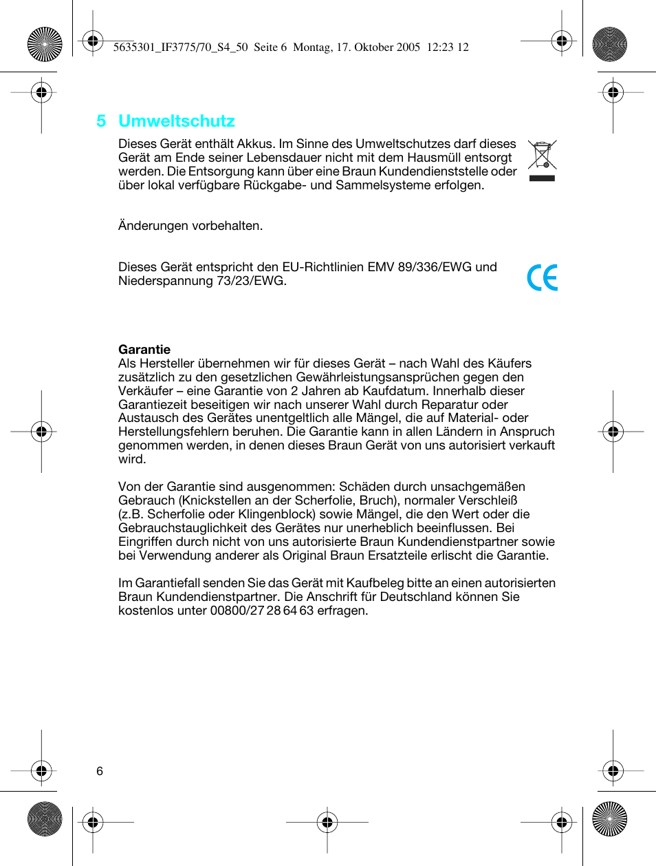 5 umweltschutz | Braun 3770 InterFace Excel User Manual | Page 6 / 47