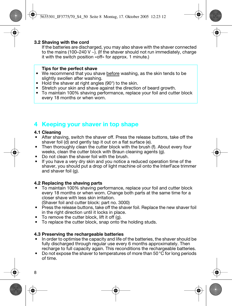 4 keeping your shaver in top shape | Braun 3770 InterFace Excel User Manual | Page 8 / 47