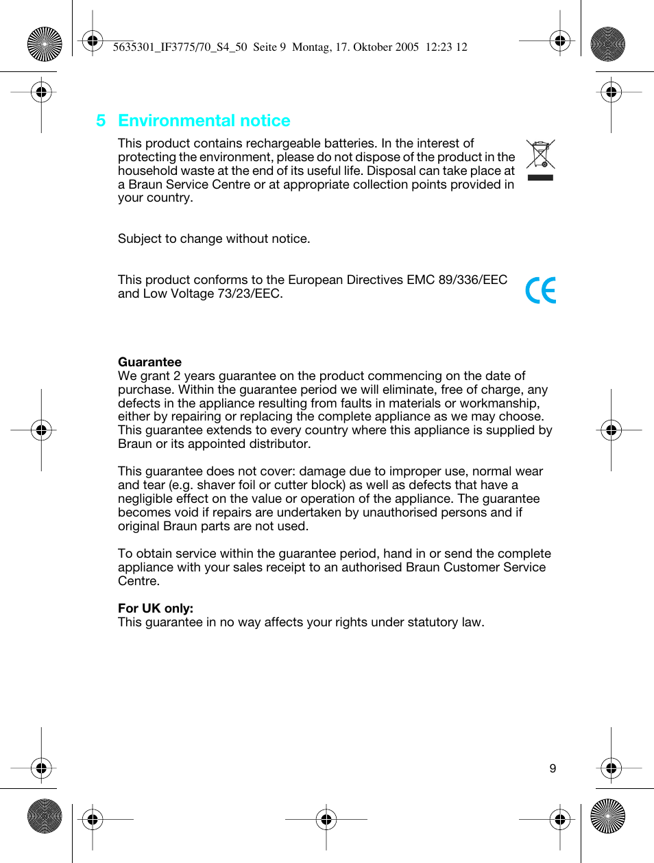 5 environmental notice | Braun 3770 InterFace Excel User Manual | Page 9 / 47