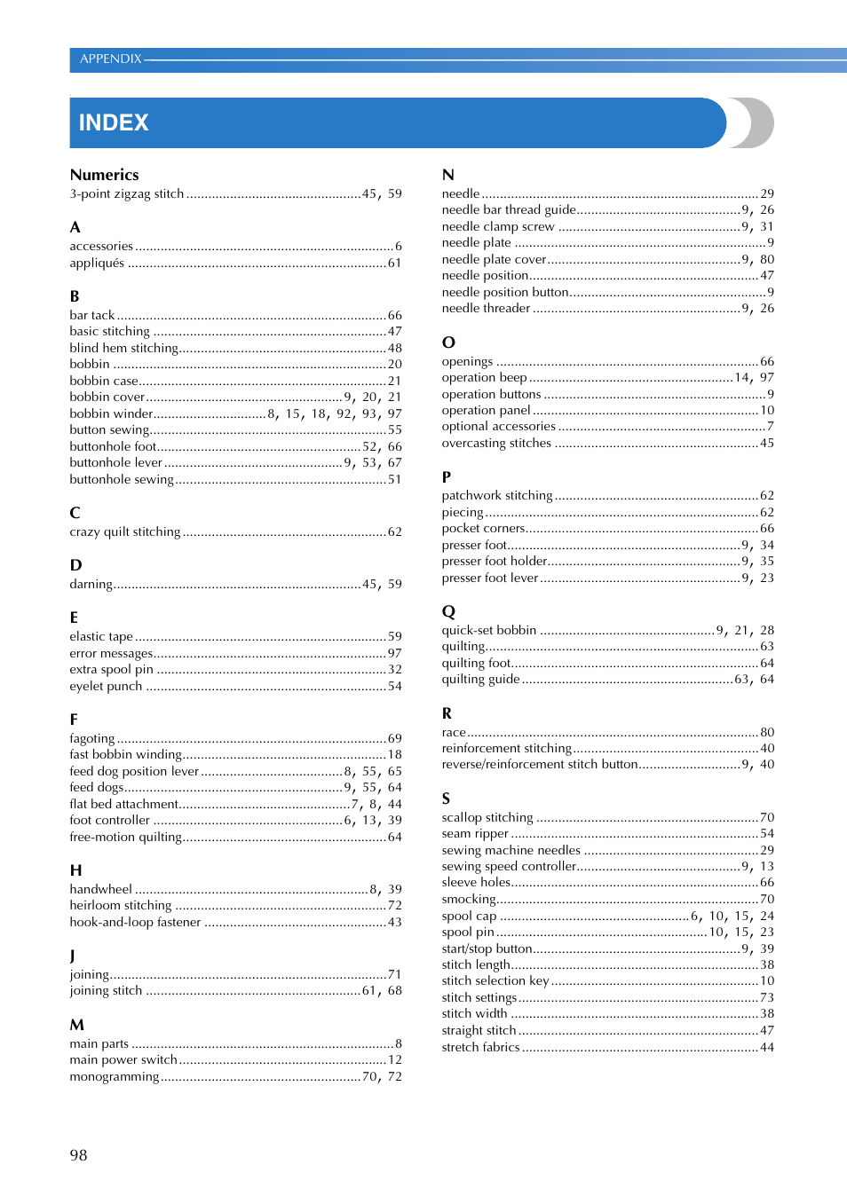 Index | Brother CS8800PRW User Manual | Page 100 / 104