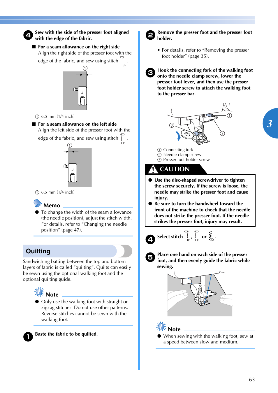 Quilting, Caution | Brother CS8800PRW User Manual | Page 65 / 104