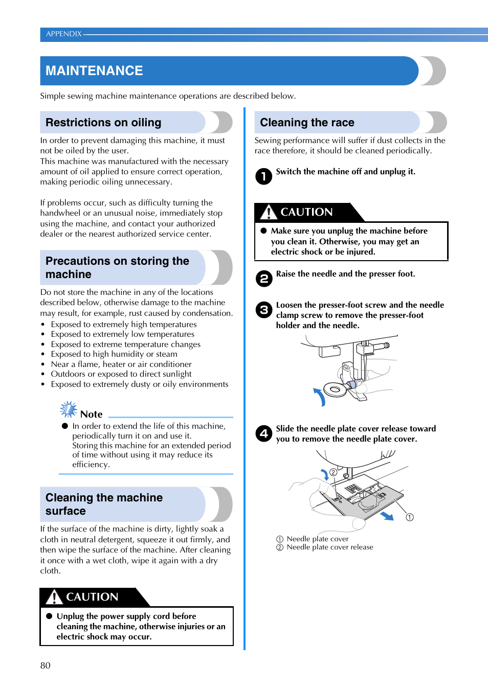 Maintenance, Restrictions on oiling, Precautions on storing the machine | Cleaning the machine surface, Cleaning the race, Caution | Brother CS8800PRW User Manual | Page 82 / 104