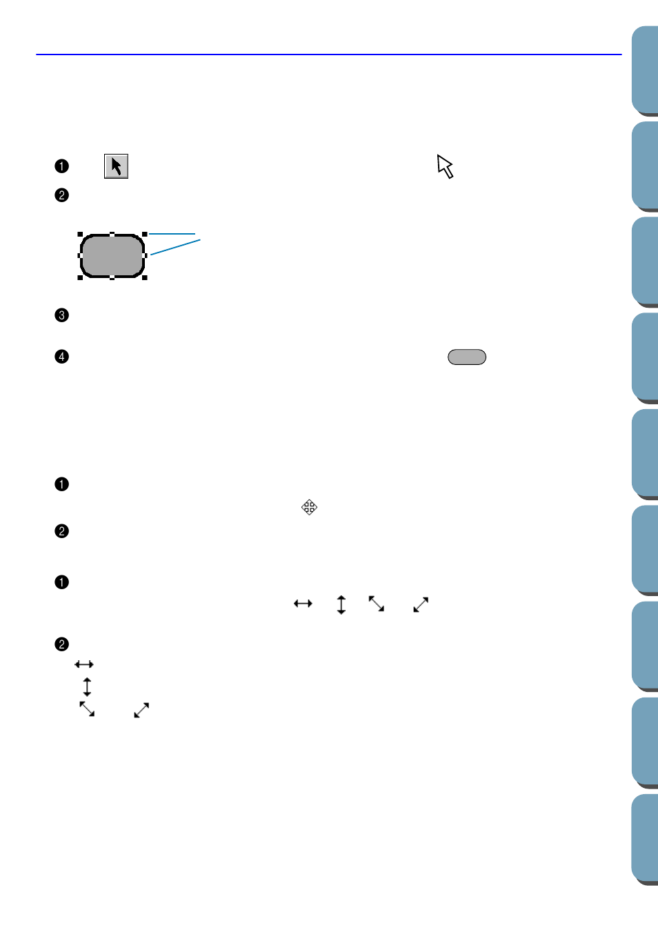 Selection mode, Selecting patterns, Moving patterns | Scaling patterns, Selecting patterns 1, Moving patterns 1, Scaling patterns 1 | Brother PE-DESIGN Ver.432 User Manual | Page 105 / 200