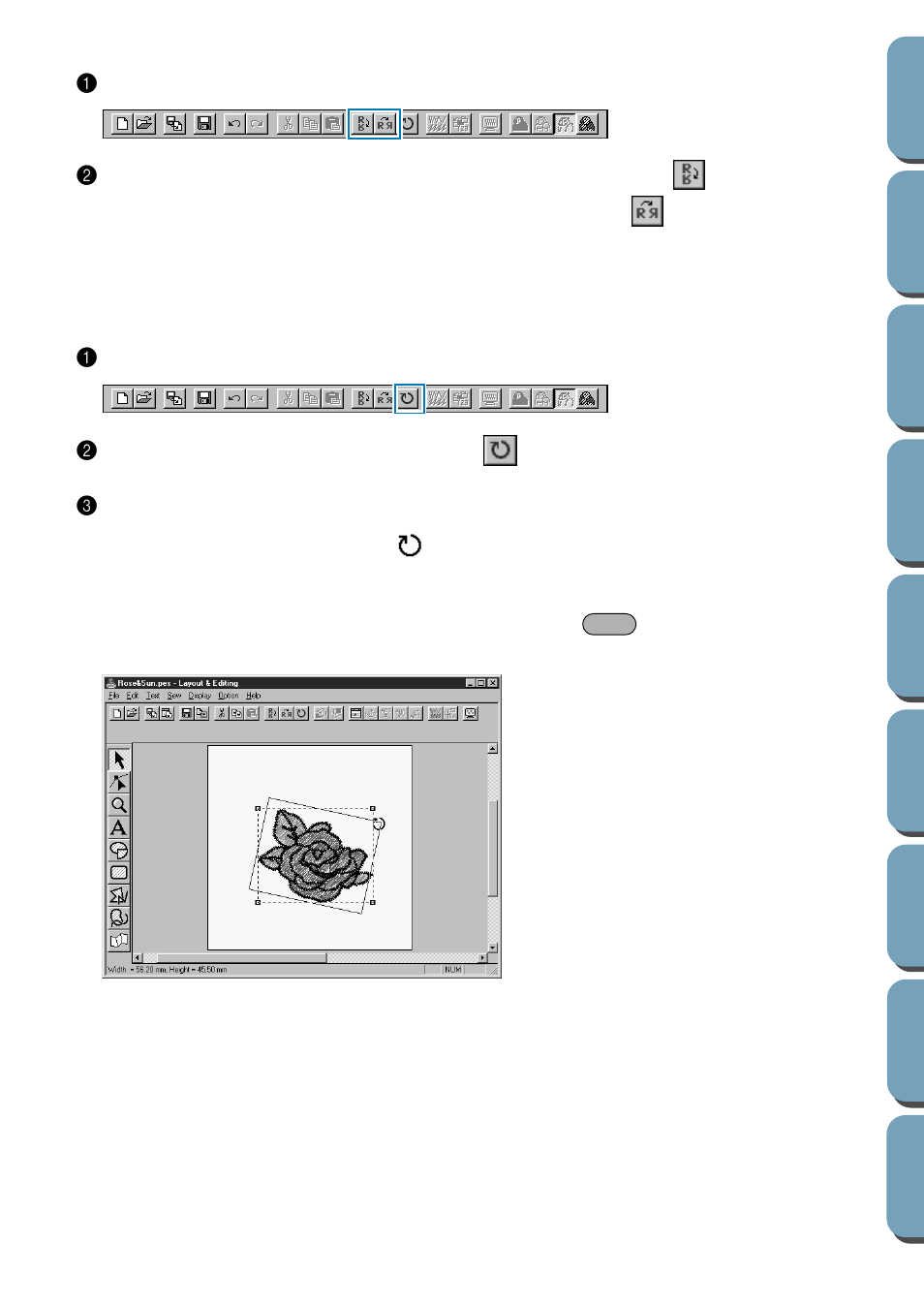 Flipping a pattern horizontally or vertically, Rotating a pattern, Flipping a pattern horizontally or vertically 1 | Rotating a pattern 1 | Brother PE-DESIGN Ver.432 User Manual | Page 106 / 200