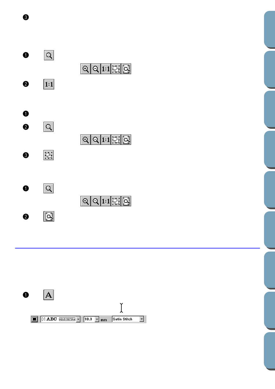 Zooming to the real size, Enlarging selected objects to the screen size, Returnig to the standard scale | Text input mode, Entering text, Returning to the standard scale, Zooming to the real size 1, Enlarging selected objects to the screen size 1, Returnig to the standard scale 1, Entering text 1 | Brother PE-DESIGN Ver.432 User Manual | Page 111 / 200