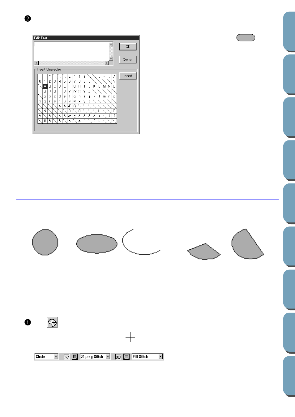Circle and arc drawing mode, Drawing a circle or an ellipse, Drawing a circle or an ellipse 1 | Brother PE-DESIGN Ver.432 User Manual | Page 112 / 200