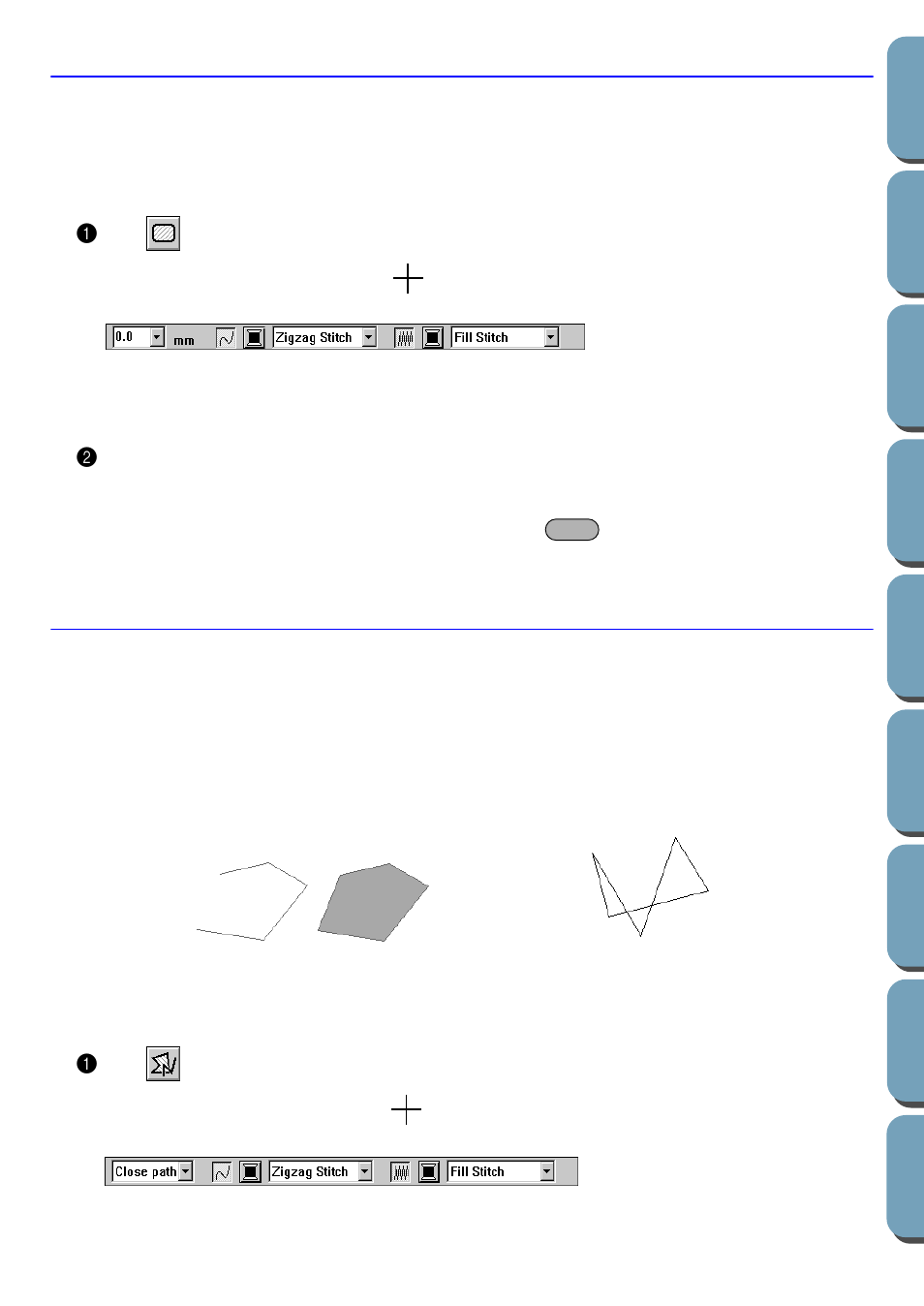 Rectangle drawing mode, Drawing a box, Line drawing mode | Drawing a broken line, Drawing a box 1, Drawing a broken line 1 | Brother PE-DESIGN Ver.432 User Manual | Page 115 / 200