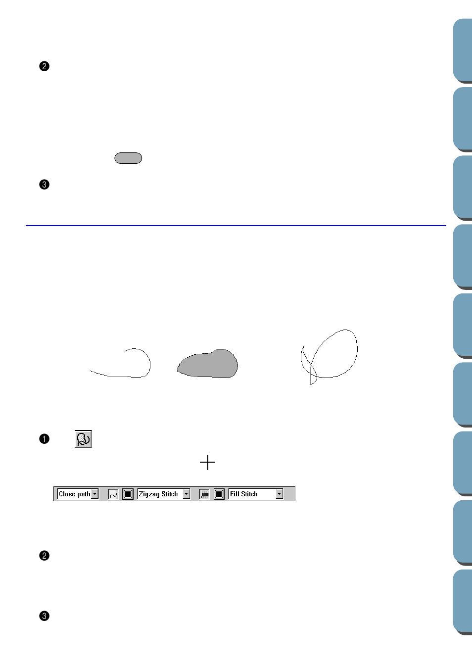 Curve drawing mode, Drawing a curve, Drawing a curve 1 | Brother PE-DESIGN Ver.432 User Manual | Page 116 / 200