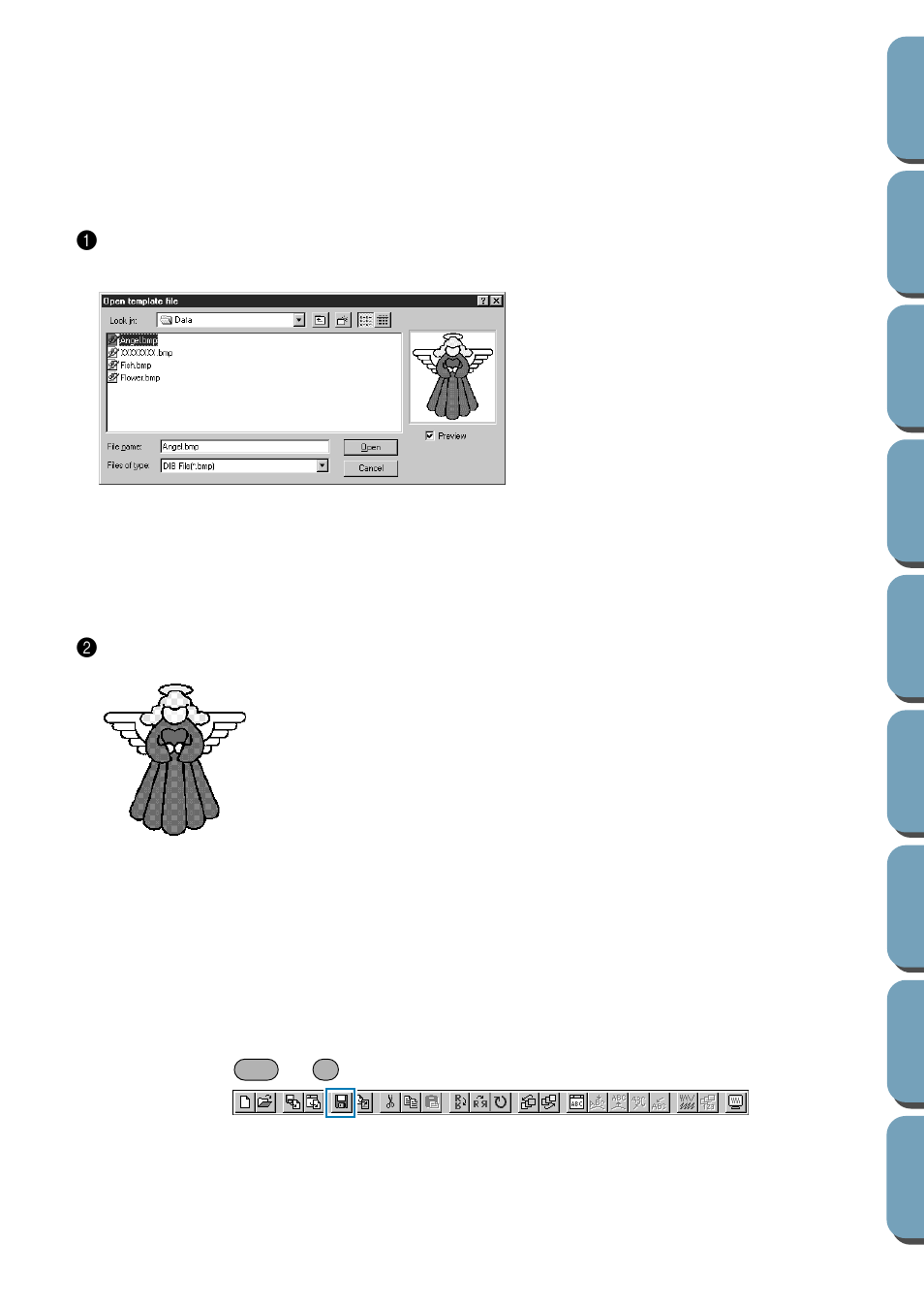 Template open, Save, W and “save” and “sa | Brother PE-DESIGN Ver.432 User Manual | Page 136 / 200
