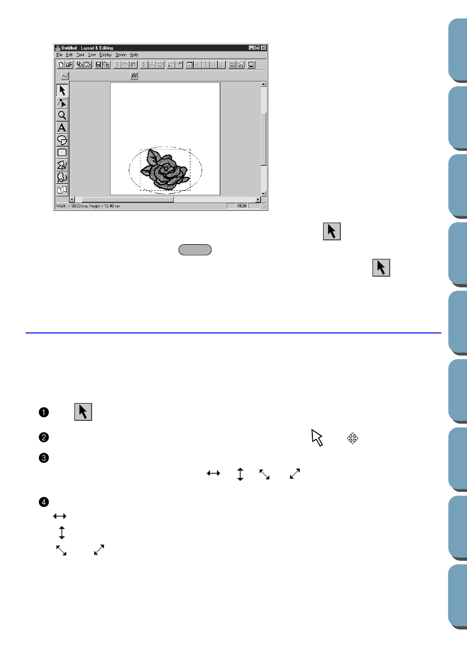 Step 6 adjusting the size and location of the oval, To change the size of the oval, Adjusting the size and location of the oval | Step 6 | Brother PE-DESIGN Ver.432 User Manual | Page 40 / 200