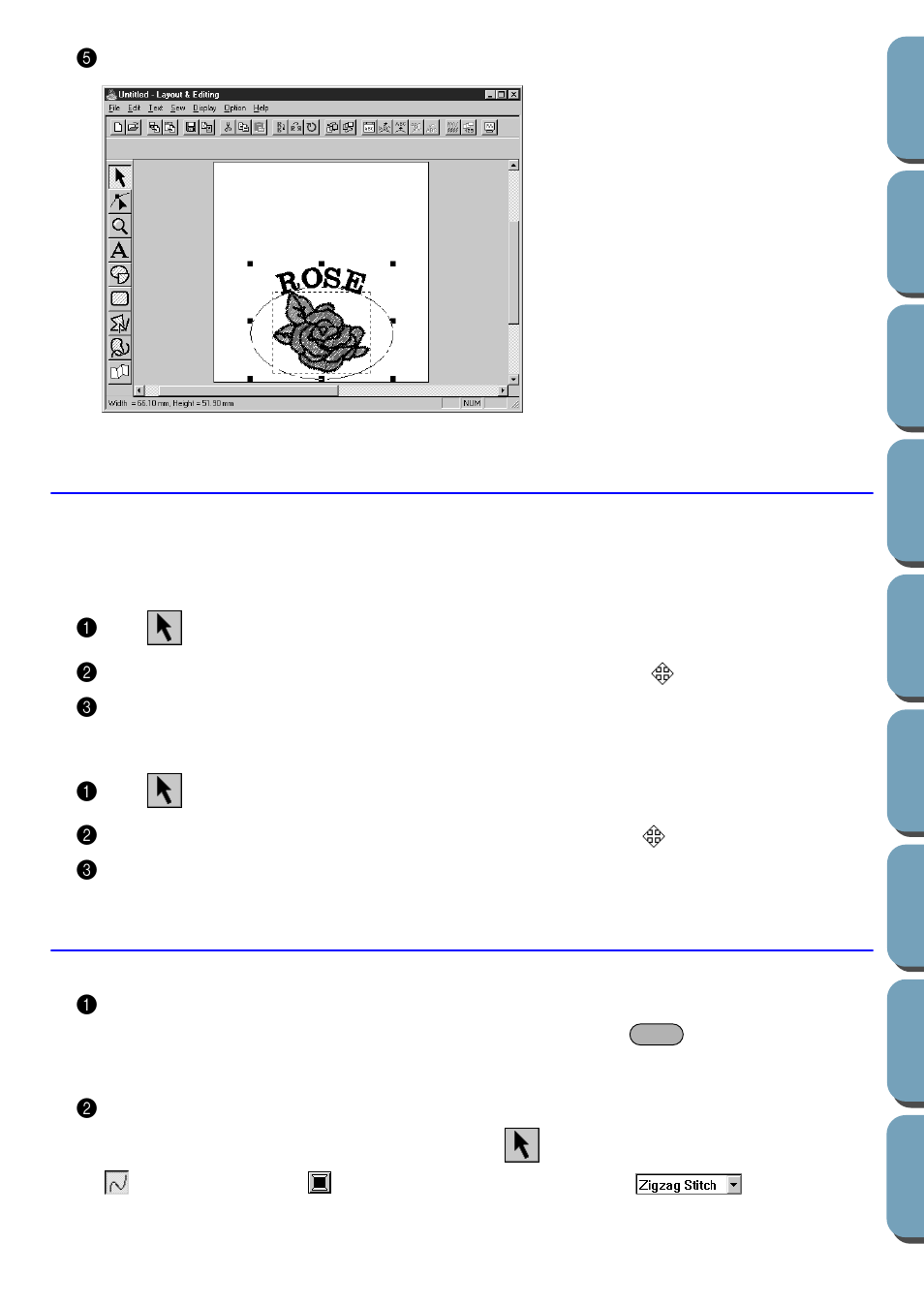 Step 9 moving the oval and text, To move both patterns as a group, To move the text over the oval | Step 10 adding a circle for drawing the sun, Moving the oval and text, Adding a circle for drawing the sun, Step 9, Step 10 | Brother PE-DESIGN Ver.432 User Manual | Page 44 / 200