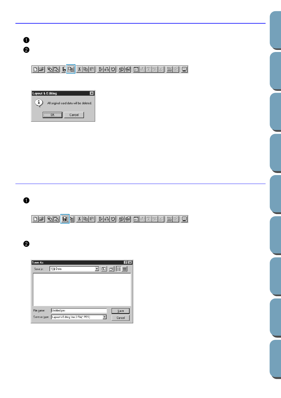 Step 17 transferring the data to a card, Step 18 saving the file, Transferring the data to a card | Saving the file, Step 17, Step 18 | Brother PE-DESIGN Ver.432 User Manual | Page 52 / 200