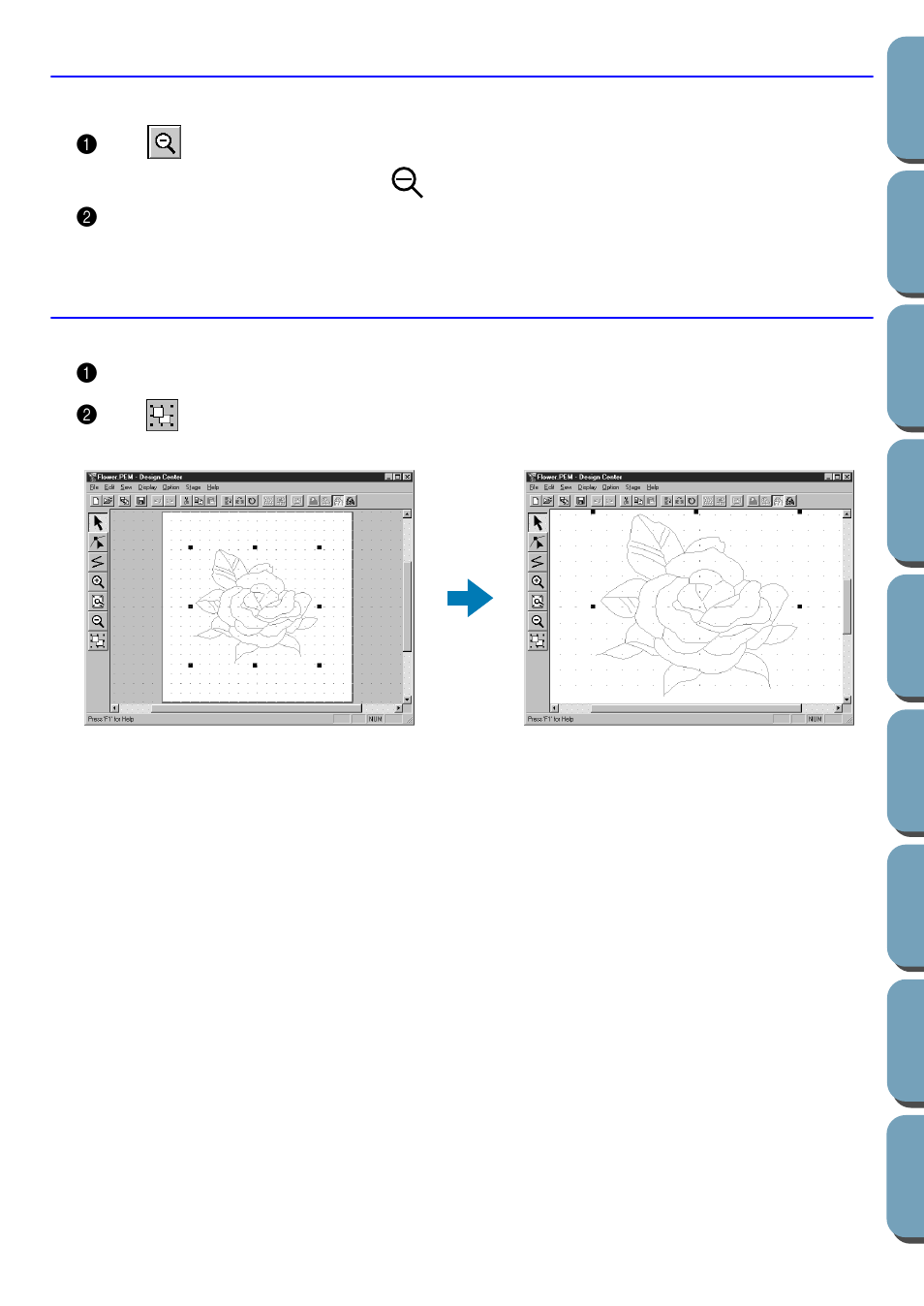 Zoom-out mode, Enlarging selected outlines to the screen size | Brother PE-DESIGN Ver.432 User Manual | Page 68 / 200