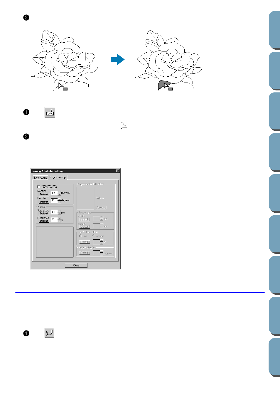 Checking the sewing attributes of a region, Line (all) setting mode, Applying the sewing attributes to an outline | Checking the sewing attributes of a region 1, Applying the sewing attributes to an outline 1 | Brother PE-DESIGN Ver.432 User Manual | Page 70 / 200