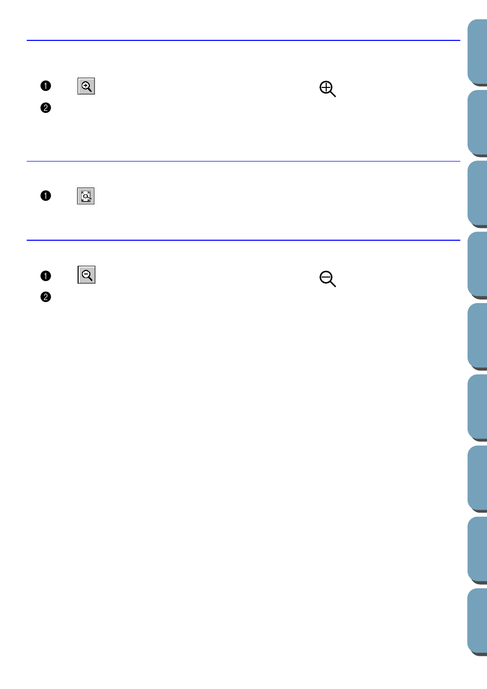 Zoom-in mode, Zoom-out mode, Fit design page to window | Brother PE-DESIGN Ver.432 User Manual | Page 74 / 200
