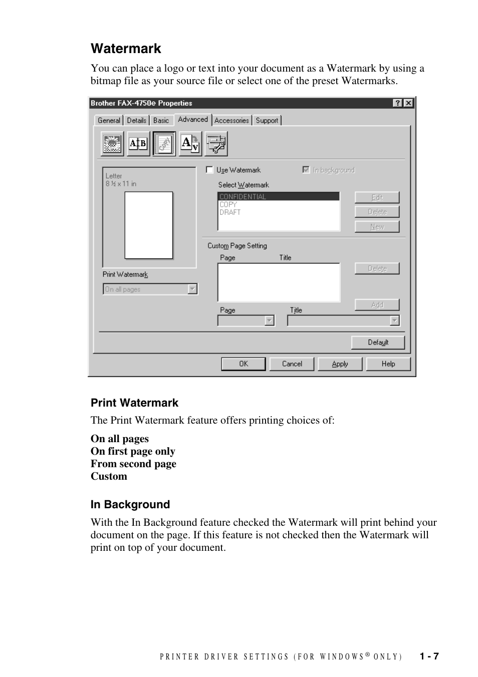 Watermark, Print watermark, In background | Watermark -7, Print watermark -7 in background -7 | Brother IntelliFAX 4100 User Manual | Page 10 / 25