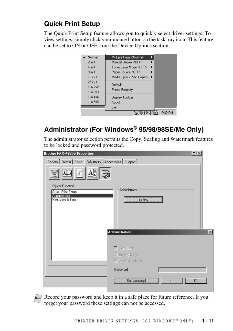 Quick print setup, Administrator (for windows® 95/98/98se/me only), Quick print setup -11 administrator (for windows | 95/98/98se/me only) -11, Administrator (for windows | Brother IntelliFAX 4100 User Manual | Page 14 / 25