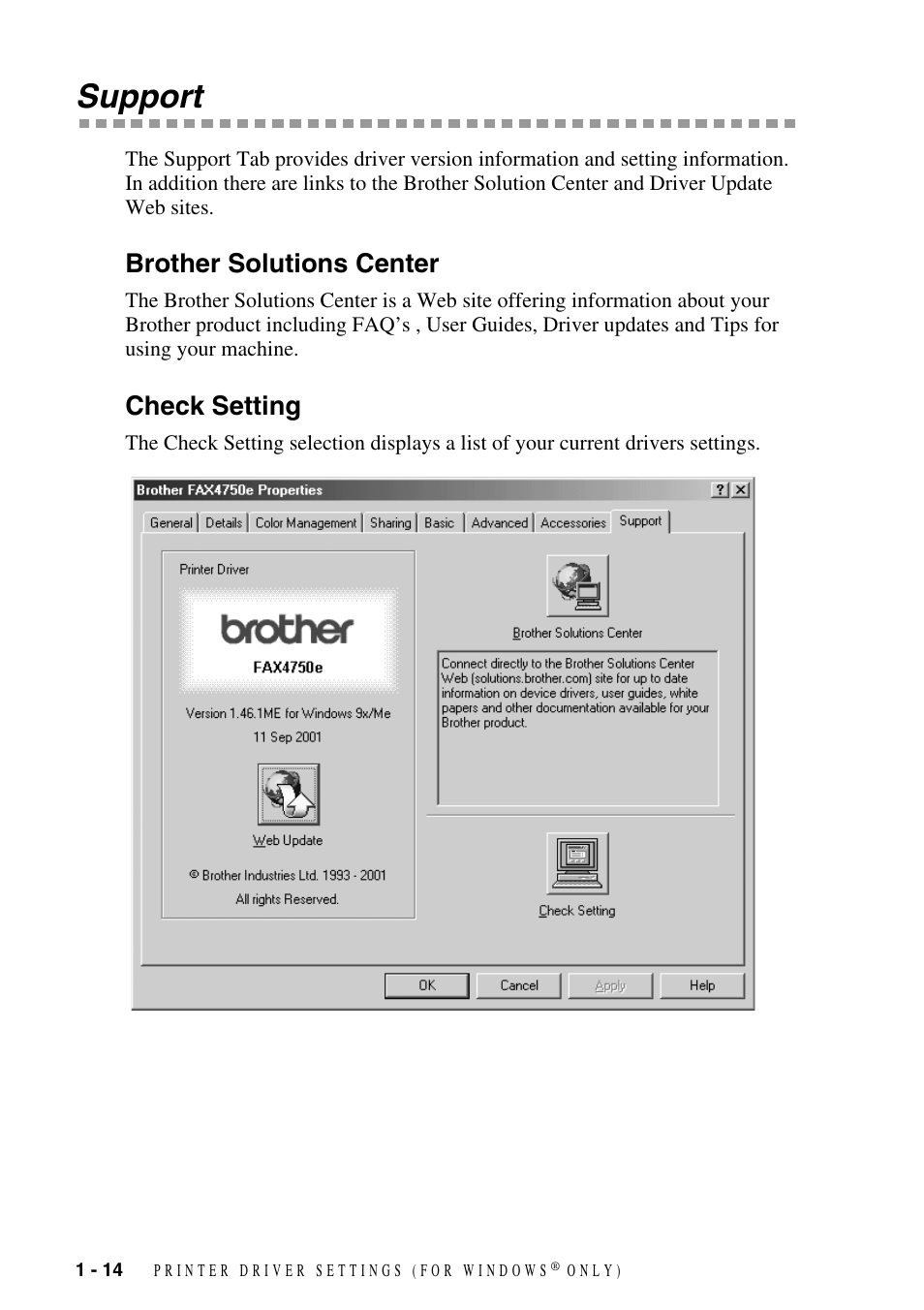 Support, Brother solutions center, Check setting | Support -14, Brother solutions center -14 check setting -14 | Brother IntelliFAX 4100 User Manual | Page 17 / 25