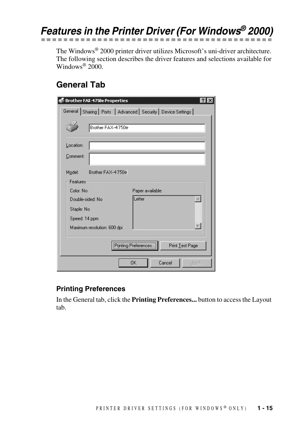 Features in the printer driver (for windows® 2000), General tab, Printing preferences | Features in the printer driver (for windows, General tab -15, Printing preferences -15 | Brother IntelliFAX 4100 User Manual | Page 18 / 25