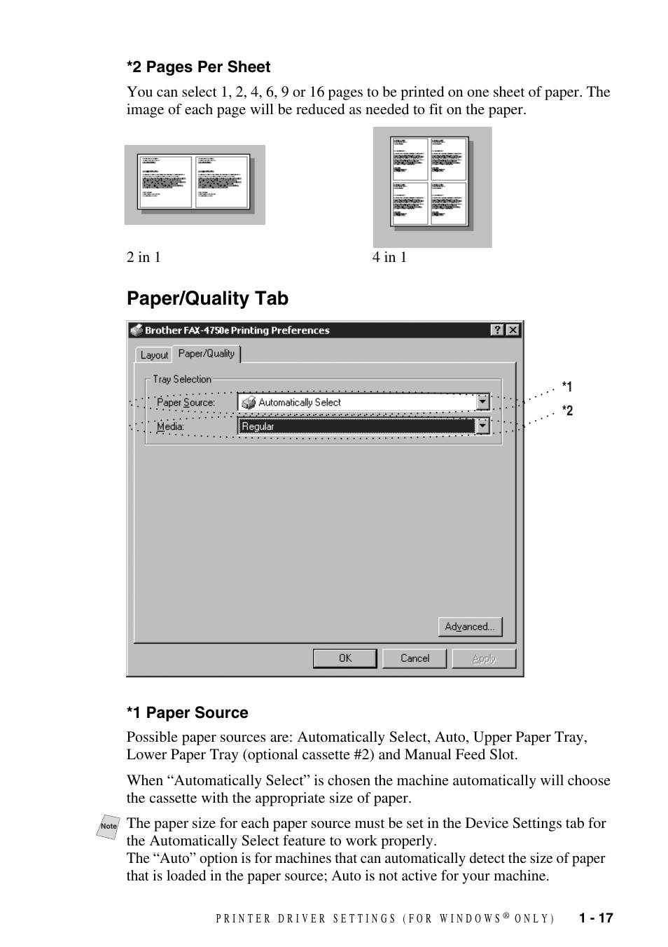 Paper/quality tab, 1 paper source, Paper/quality tab -17 | 1 paper source -17 | Brother IntelliFAX 4100 User Manual | Page 20 / 25