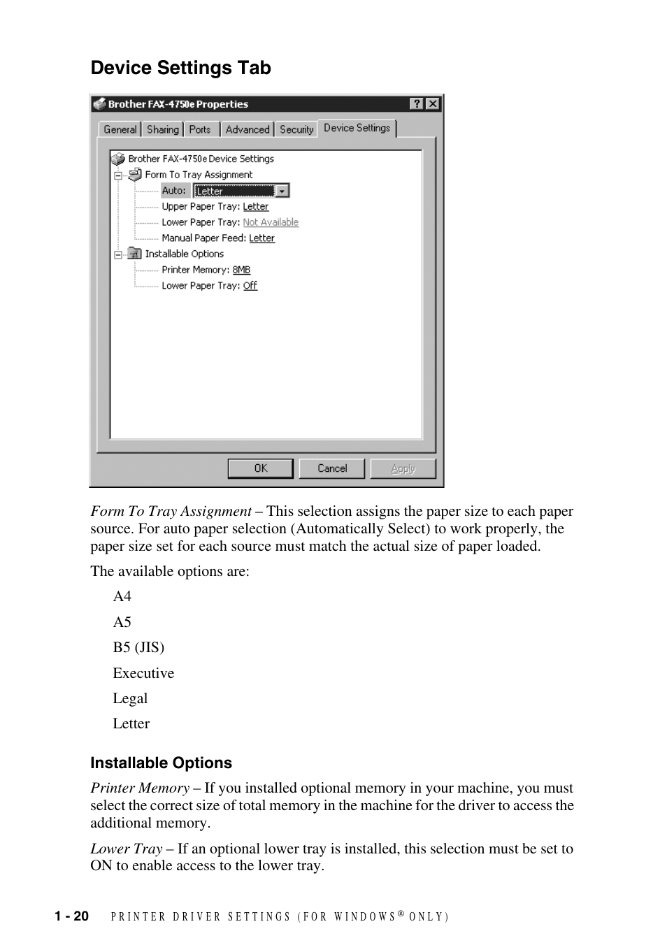 Device settings tab, Installable options, Device settings tab -20 | Installable options -20 | Brother IntelliFAX 4100 User Manual | Page 23 / 25