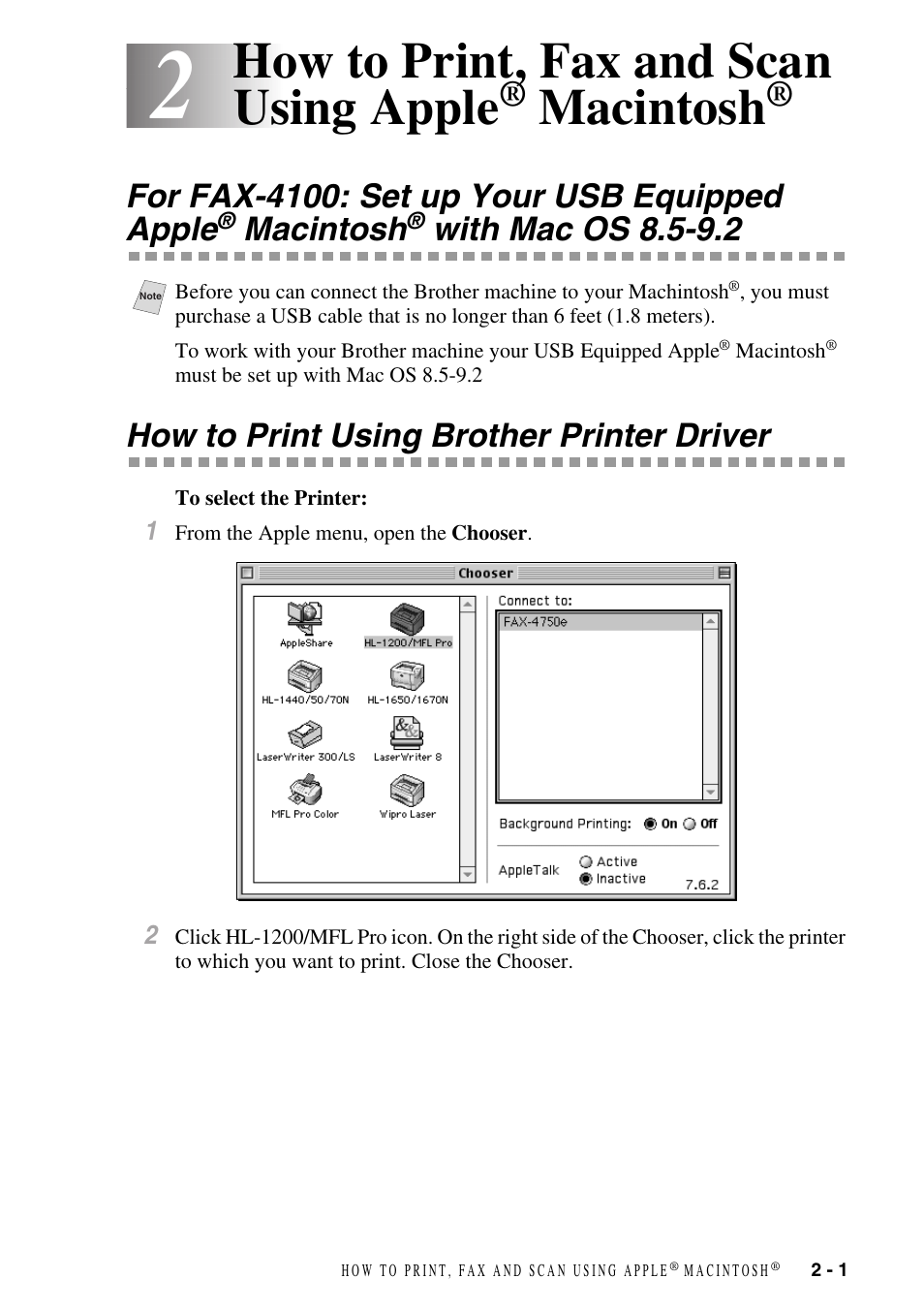 How to print using brother printer driver, How to print, fax and scan using apple, Macintosh | For fax-4100: set up your usb equipped apple, With mac os 8.5-9.2 -1, How to print using brother printer driver -1, With mac os 8.5-9.2 | Brother IntelliFAX 4100 User Manual | Page 24 / 25