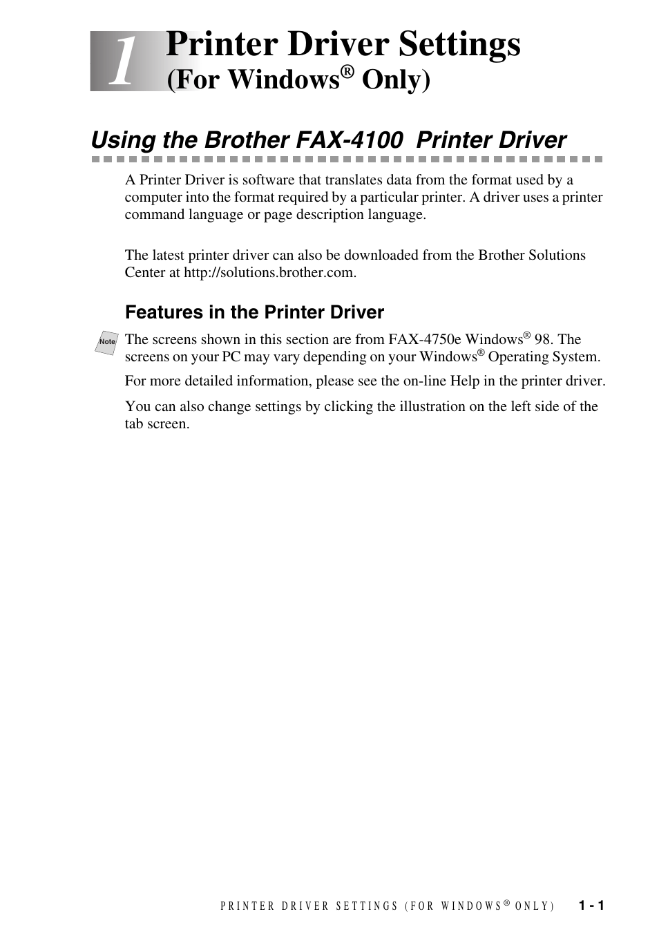 1 printer driver settings (for windows® only), Using the brother fax-4100 printer driver, Features in the printer driver | Printer driver settings (for windows, Only) -1, Using the brother fax-4100 printer driver -1, Features in the printer driver -1, Printer driver settings, For windows, Only) | Brother IntelliFAX 4100 User Manual | Page 4 / 25