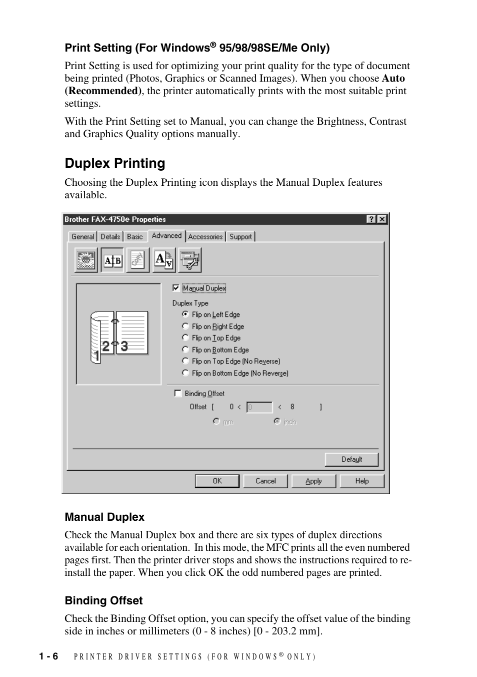 Print setting (for windows® 95/98/98se/me only), Duplex printing, Manual duplex | Binding offset, Print setting (for windows, 95/98/98se/me only) -6, Duplex printing -6, Manual duplex -6 binding offset -6 | Brother IntelliFAX 4100 User Manual | Page 9 / 25
