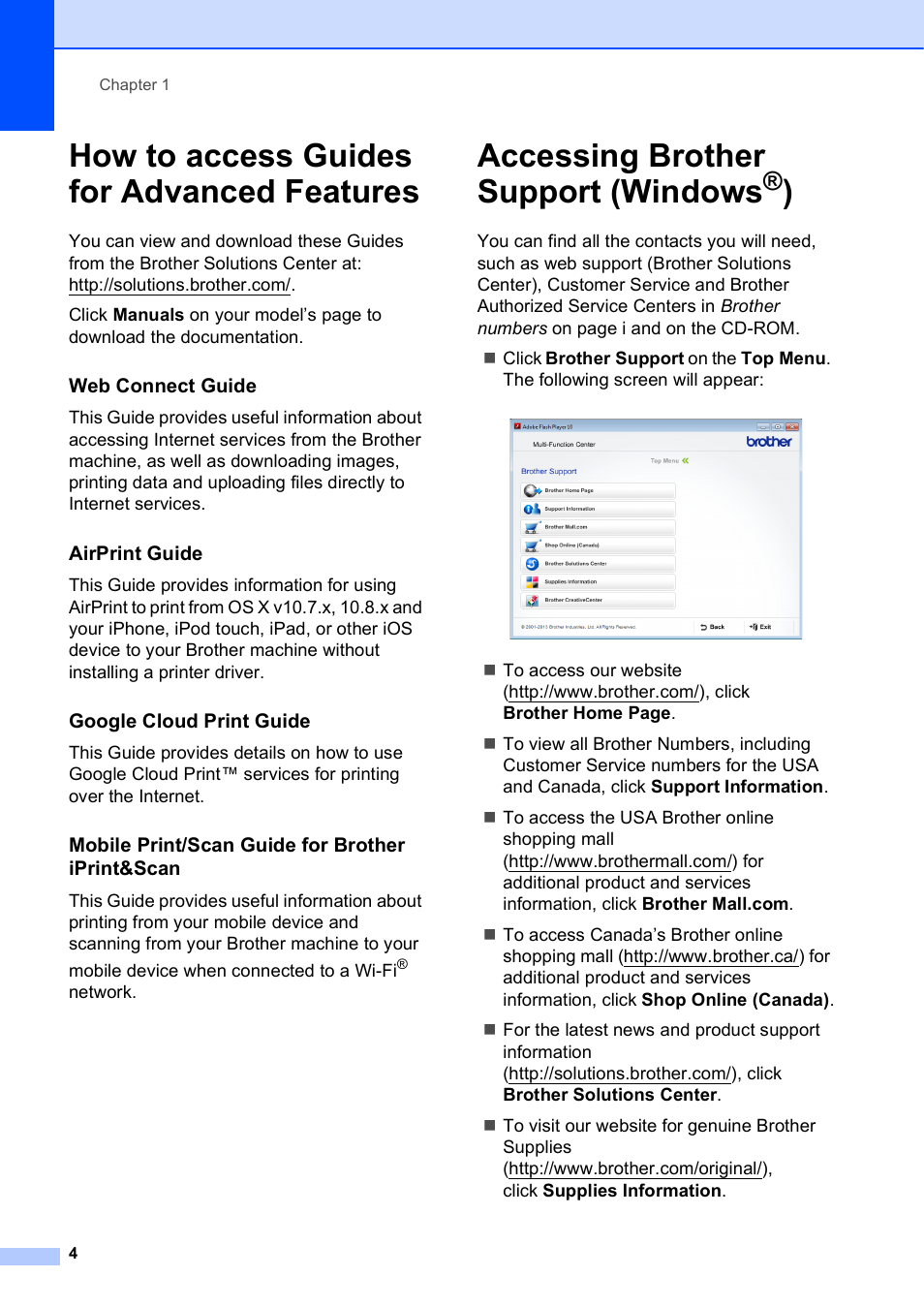 How to access guides for advanced features, Accessing brother support (windows®), Accessing brother support (windows | Brother DCP-J152W User Manual | Page 16 / 95
