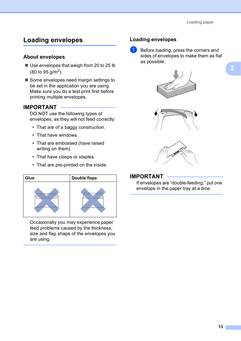 Loading envelopes, About envelopes, 2loading envelopes | Important | Brother DCP-J152W User Manual | Page 25 / 95
