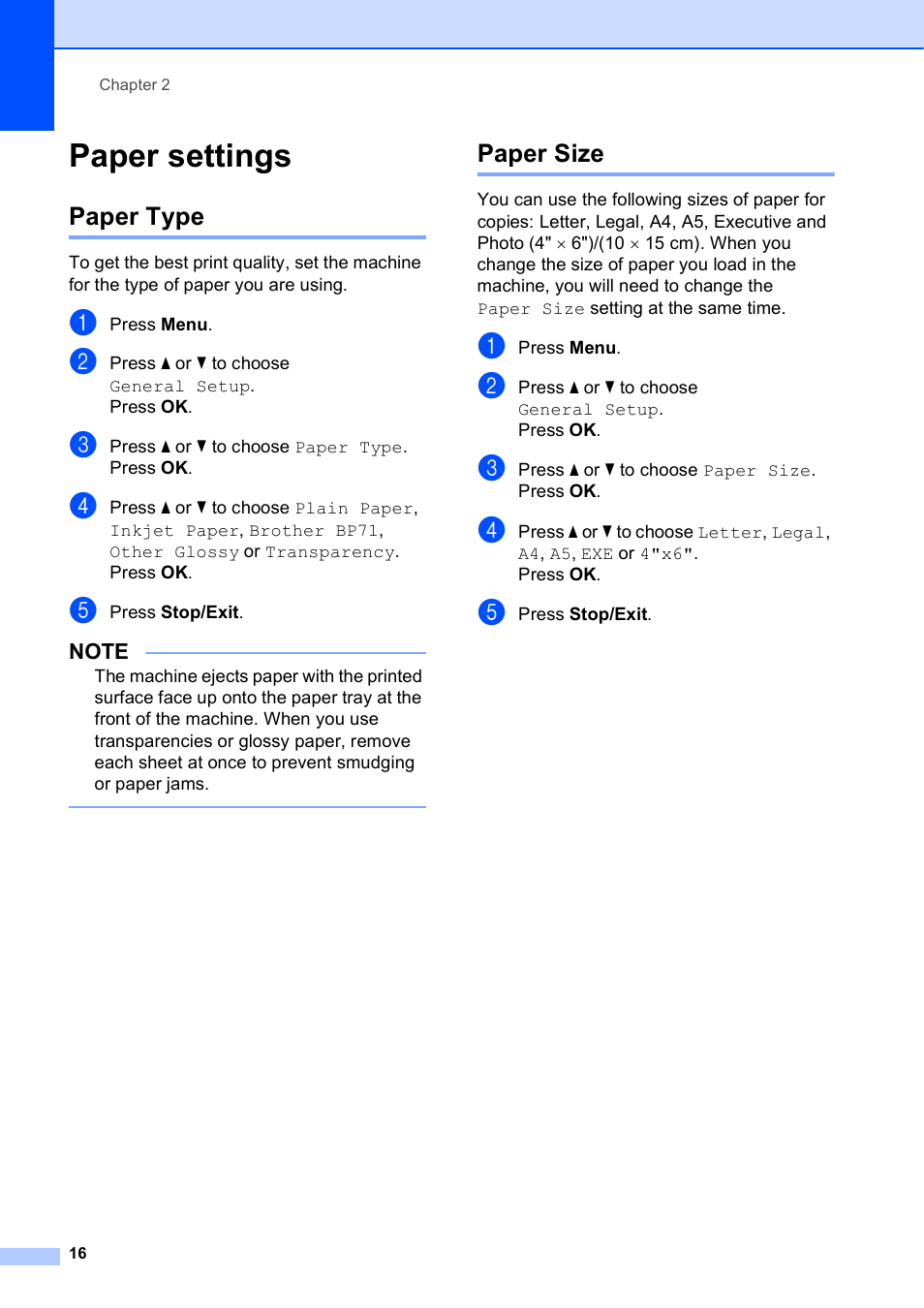 Paper settings, Paper type, Paper size | Paper type paper size | Brother DCP-J152W User Manual | Page 28 / 95