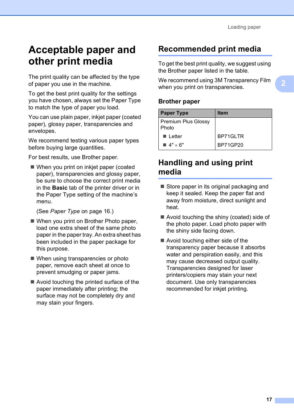 Acceptable paper and other print media, Recommended print media, Handling and using print media | Brother DCP-J152W User Manual | Page 29 / 95
