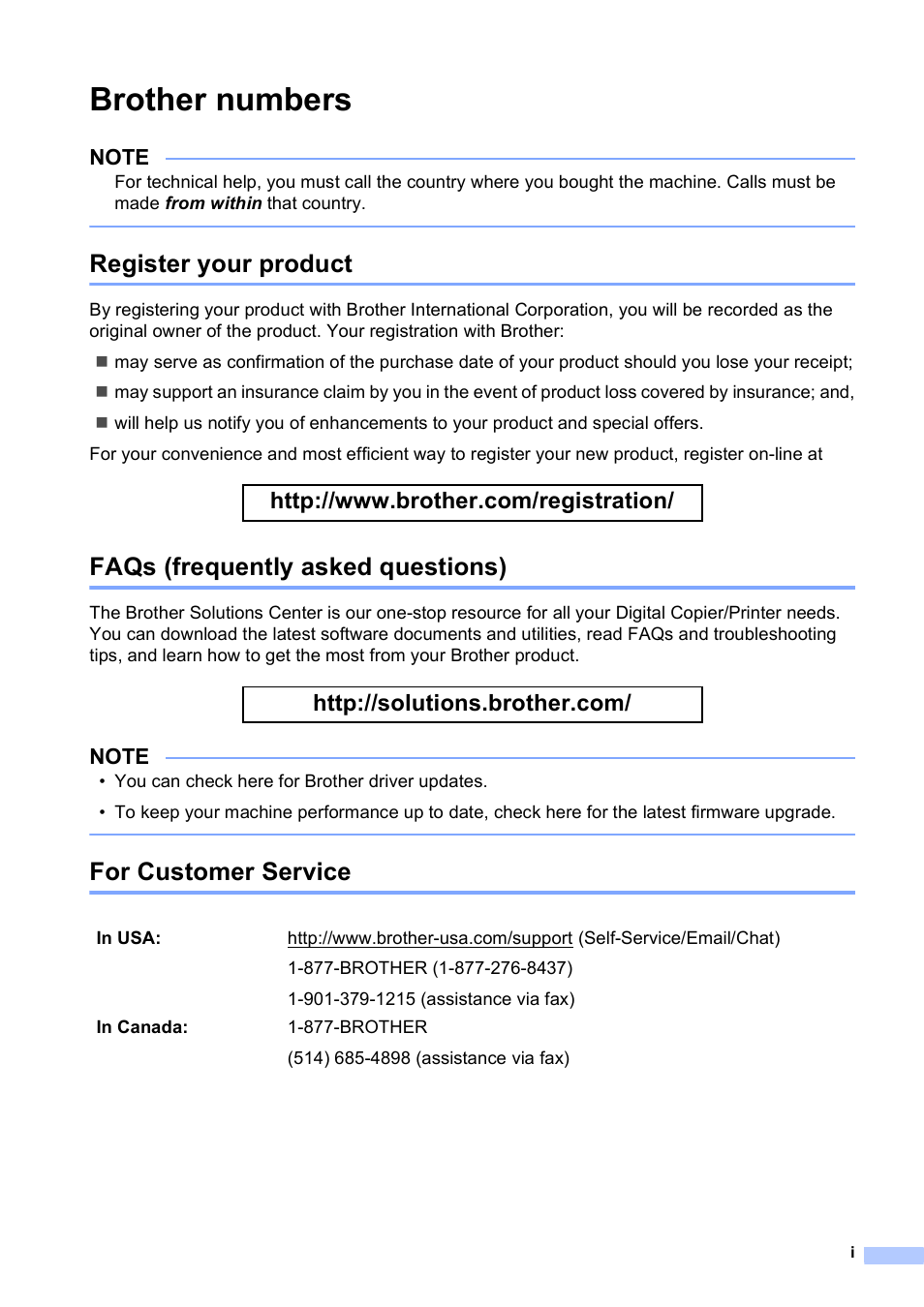 Brother numbers, Register your product, Faqs (frequently asked questions) | For customer service | Brother DCP-J152W User Manual | Page 3 / 95