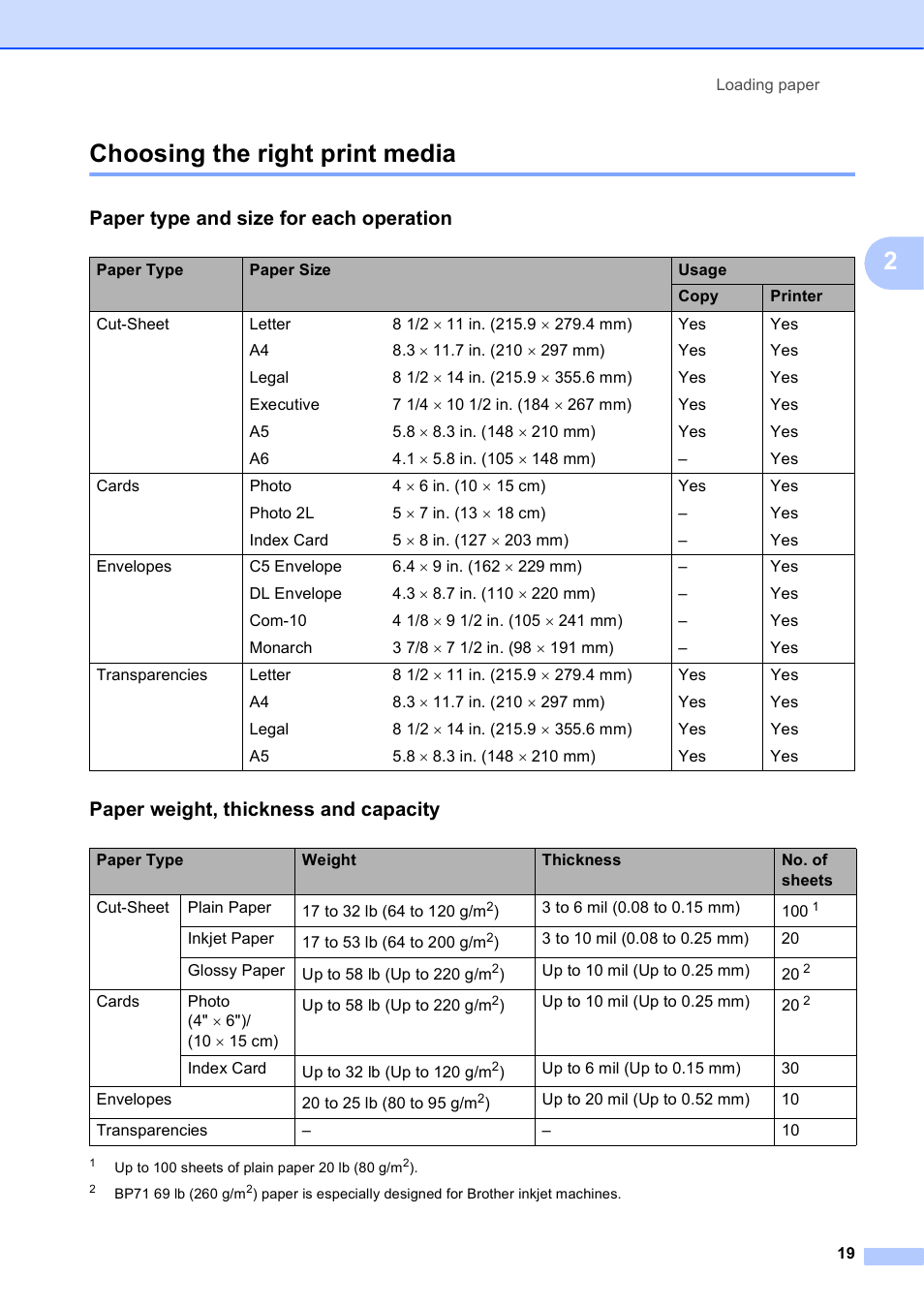 Choosing the right print media, Paper type and size for each operation, Paper weight, thickness and capacity | 2choosing the right print media | Brother DCP-J152W User Manual | Page 31 / 95