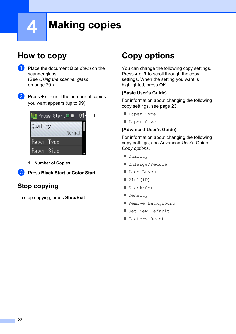 4 making copies, How to copy, Stop copying | Copy options, Making copies | Brother DCP-J152W User Manual | Page 34 / 95