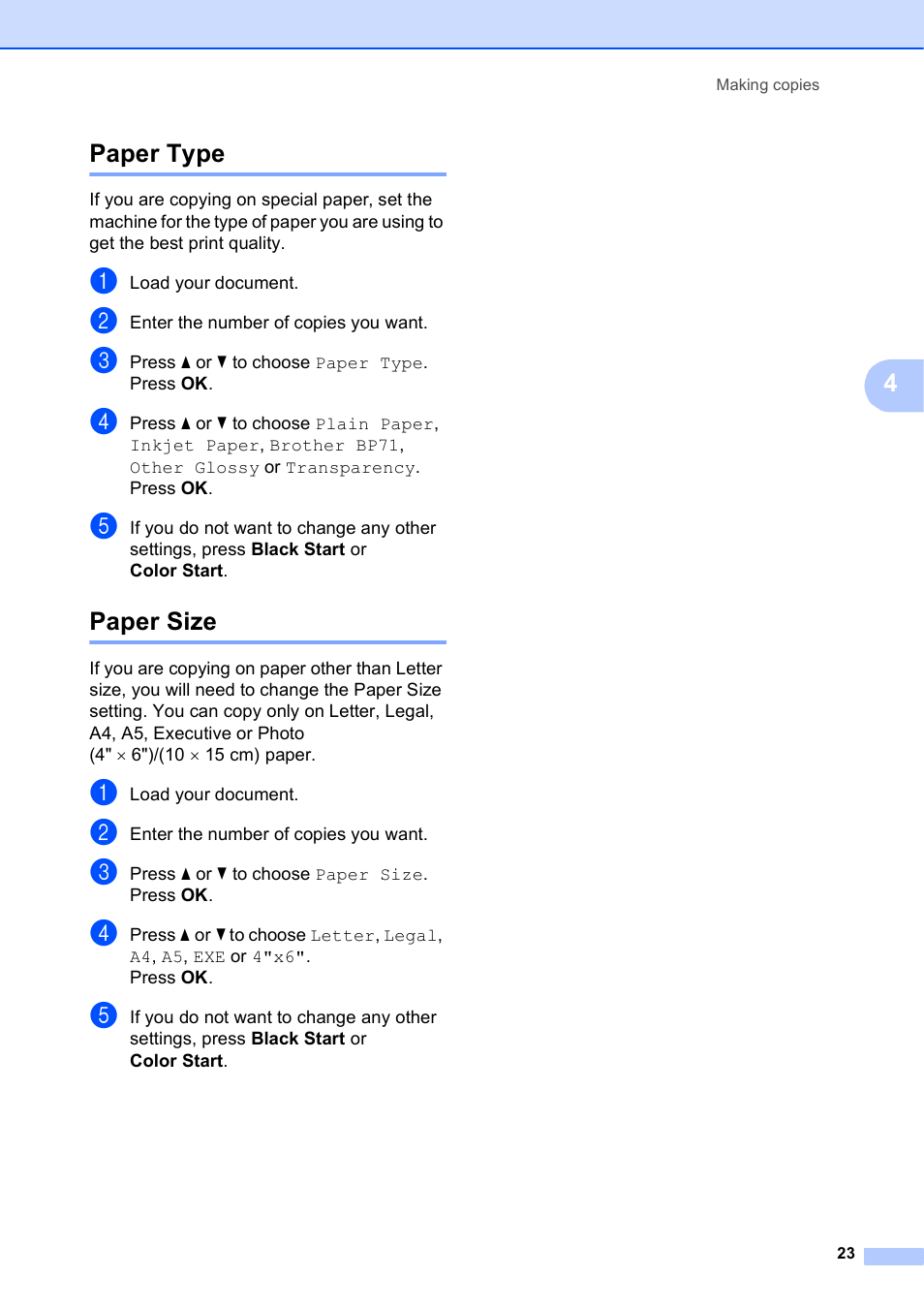 Paper type, Paper size, Paper type paper size | 4paper type | Brother DCP-J152W User Manual | Page 35 / 95