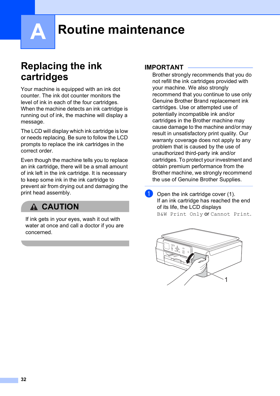A routine maintenance, Replacing the ink cartridges, Routine maintenance | Caution | Brother DCP-J152W User Manual | Page 44 / 95