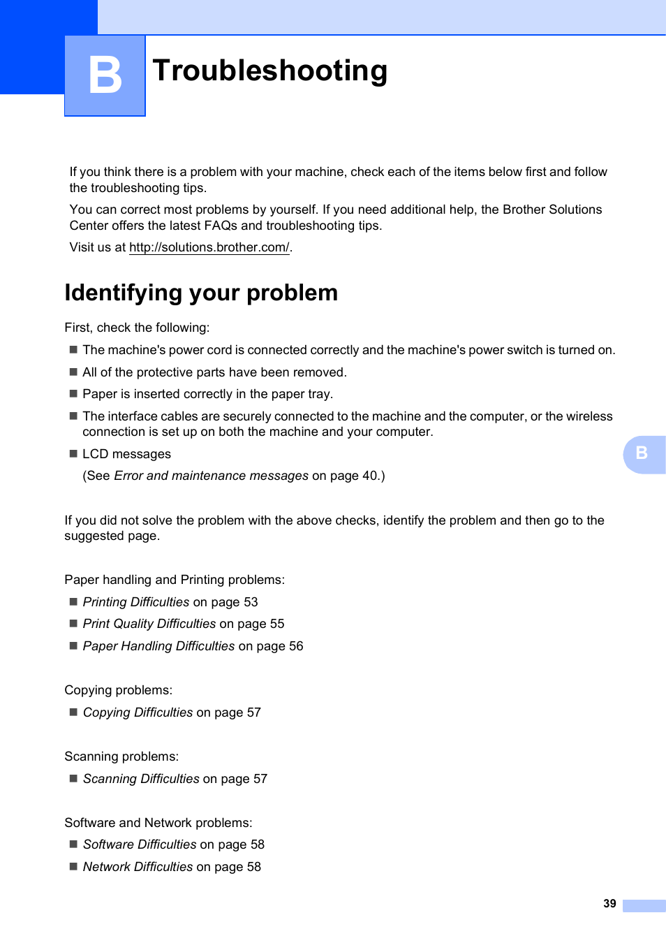 B troubleshooting, Identifying your problem, Troubleshooting | Brother DCP-J152W User Manual | Page 51 / 95
