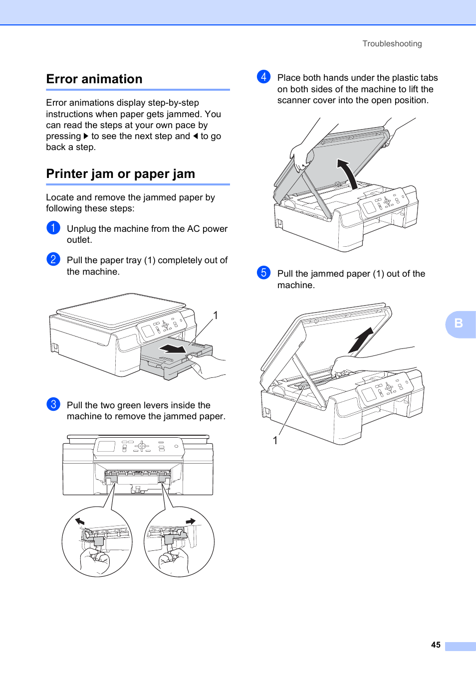 Error animation, Printer jam or paper jam, Error animation printer jam or paper jam | Berror animation | Brother DCP-J152W User Manual | Page 57 / 95