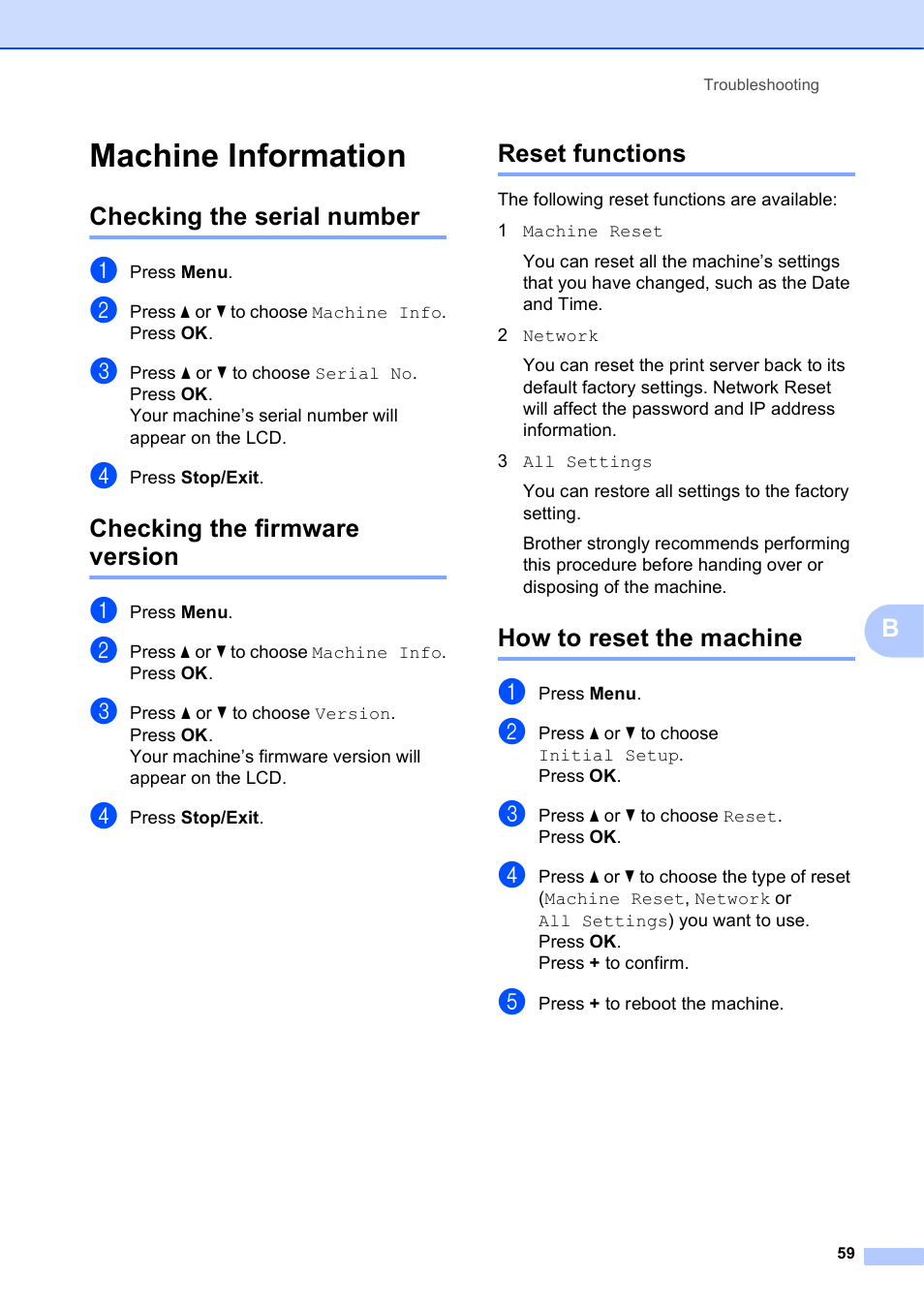 Machine information, Checking the serial number, Checking the firmware version | Reset functions, How to reset the machine | Brother DCP-J152W User Manual | Page 71 / 95