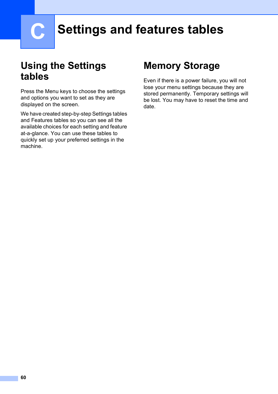 C settings and features tables, Using the settings tables, Memory storage | Settings and features tables, Using the settings tables memory storage | Brother DCP-J152W User Manual | Page 72 / 95