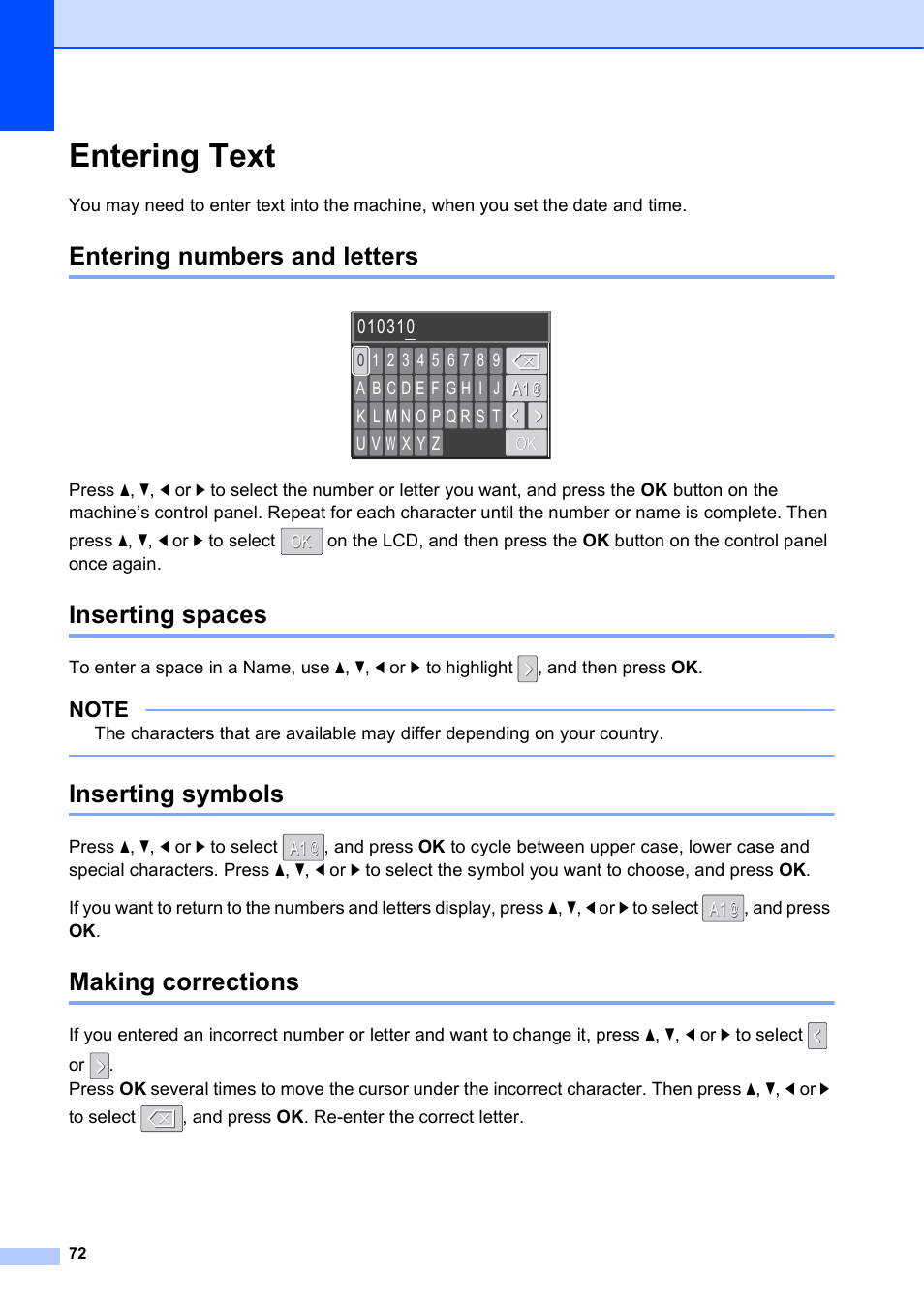 Entering text, Entering numbers and letters, Inserting spaces | Inserting symbols, Making corrections | Brother DCP-J152W User Manual | Page 84 / 95