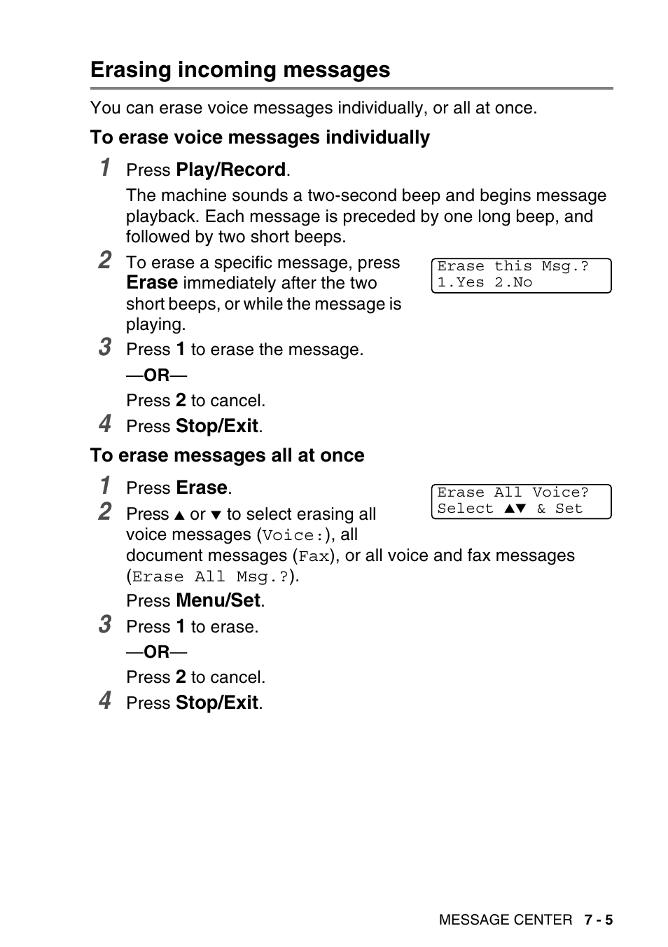 Erasing incoming messages, To erase voice messages individually, To erase messages all at once | Erasing incoming messages -5 | Brother MFC-640CW User Manual | Page 101 / 225