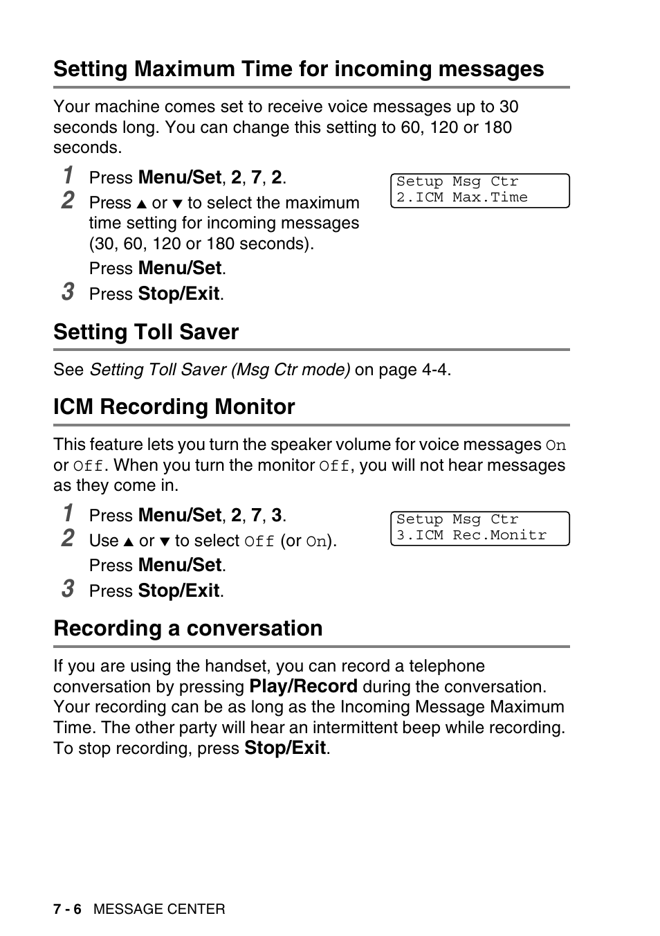 Setting maximum time for incoming messages, Setting toll saver, Icm recording monitor | Recording a conversation | Brother MFC-640CW User Manual | Page 102 / 225