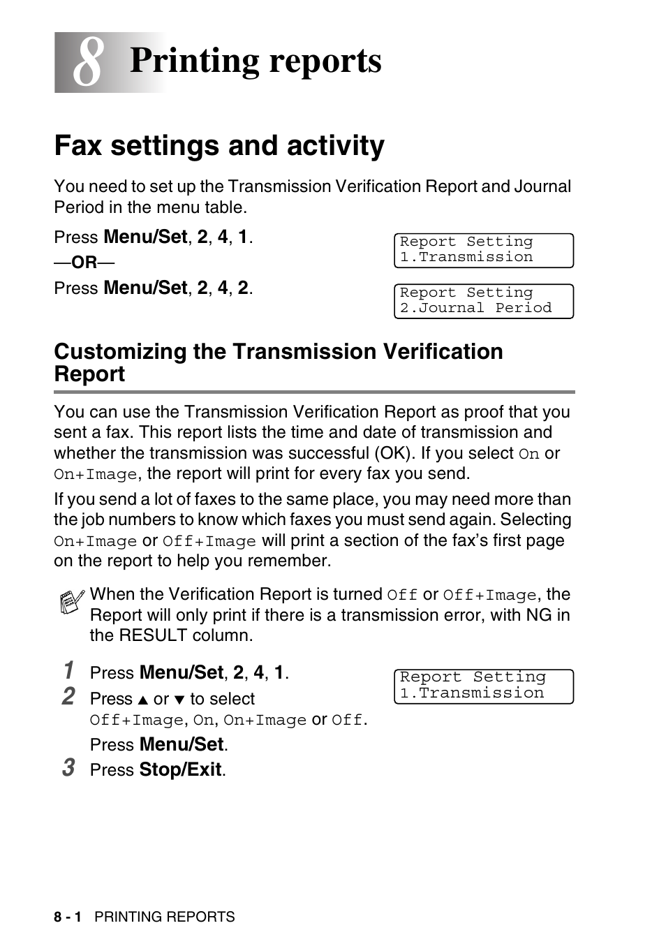 8 printing reports, Fax settings and activity, Customizing the transmission verification report | Printing reports -1, Fax settings and activity -1, Printing reports | Brother MFC-640CW User Manual | Page 104 / 225